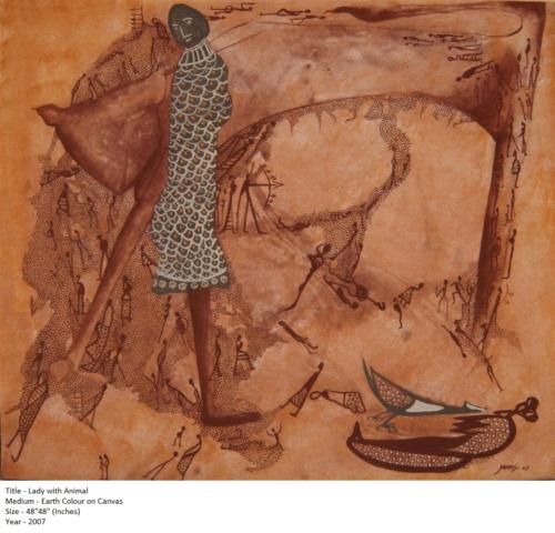 Lady With Animal ,Earth Colour on Canvas,Size - 48x48 inches