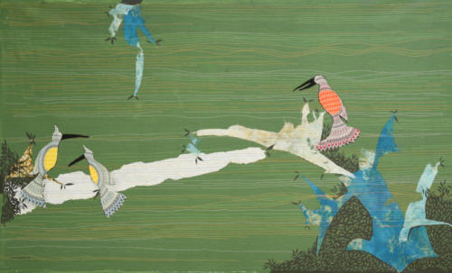 Birds, Mixed Media on Canvas (Paper,Cloth,Stitches,weaving etc),Size - 36x60 Inches (4)
